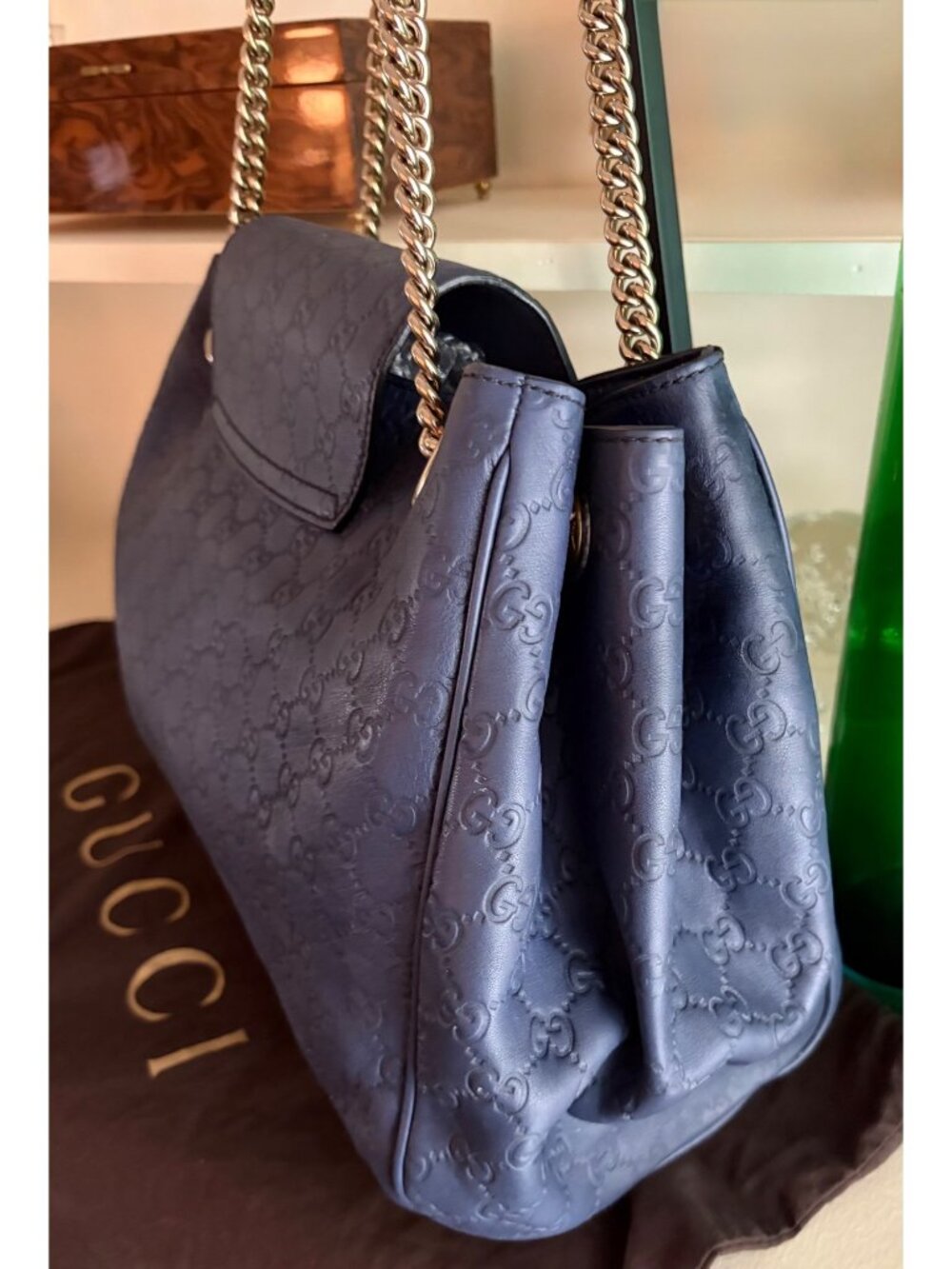 GUCCI Guccissima GG Monogram Leather Emily Navy Blue Hobo Chain Link Flap Bag - Picture 5 of 16